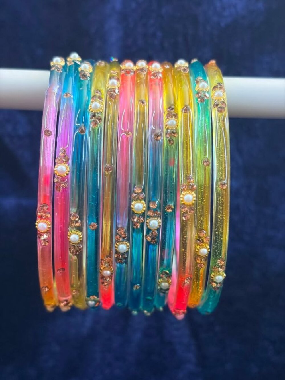 Women's Multi-Piece Translucent Resin Bangle Set, Faux Pearl & Rhinestone Embell